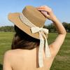 Sun Hat Lace Bow Decor Flat Top Wide Brim Straw Hat Hand-Woven Sunproof Windproof Summer Beach Picnic Basin Hat