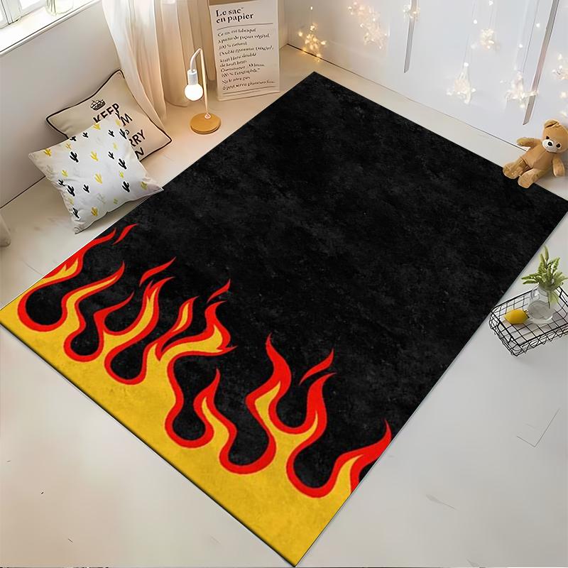 Schwarzer Teppich mit rotem Flammen- und gelbem Randdesign für die Heimdekoration Geeignet für den Einsatz als Anti-Rutsch-Matte für Wohnzimmer, Schlafzimmer, Sofas