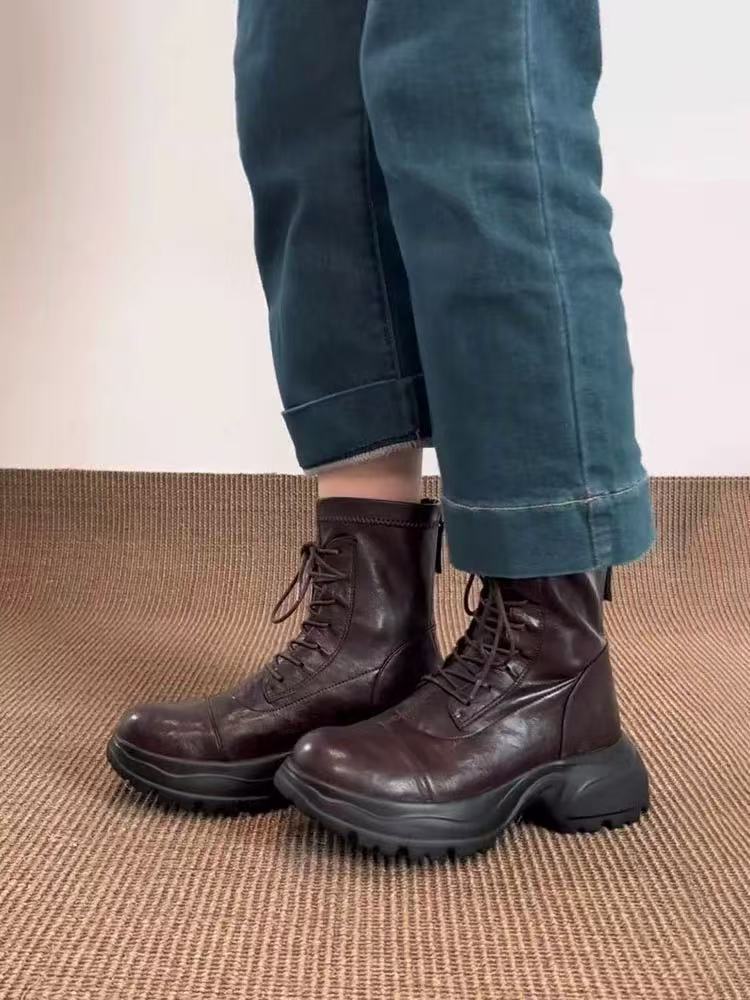 

Cowhide version~ British style retro leather thick-soled Martin boots women s autumn and winter new lace-up heightening thin boots short boots 40