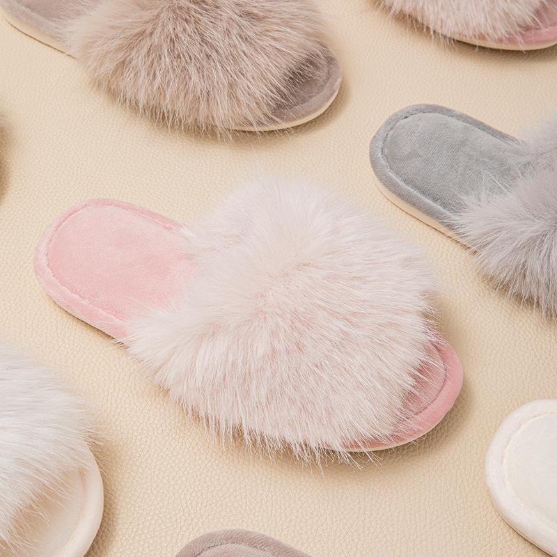 Open plush slippers fish mouth home less plush slippers indoor European and American fluffy slippers