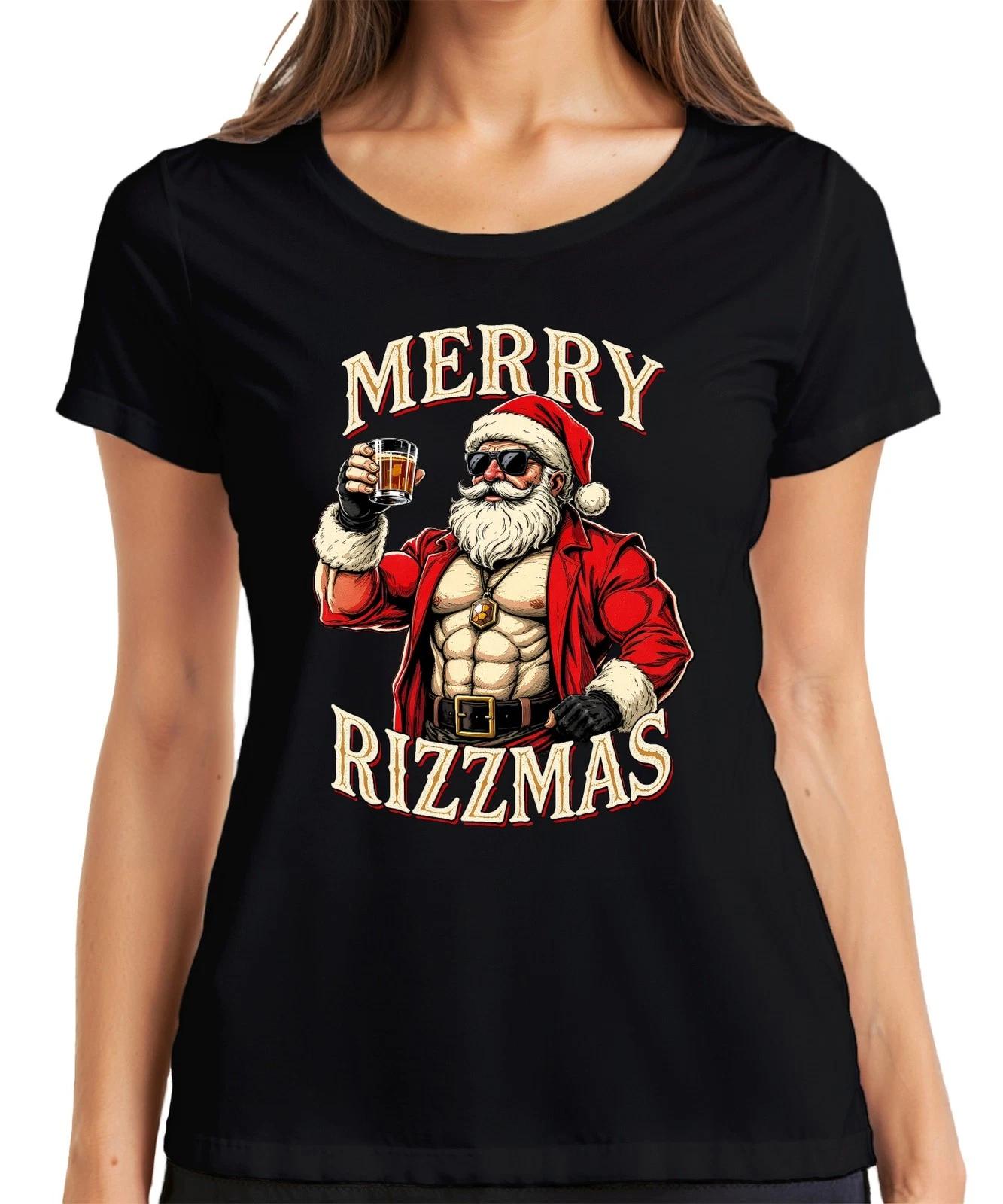 MERRY RIZZMAS Weihnachtsmann Whisky Muskel Fitness Lustig Retro Damen T-Shirt XL