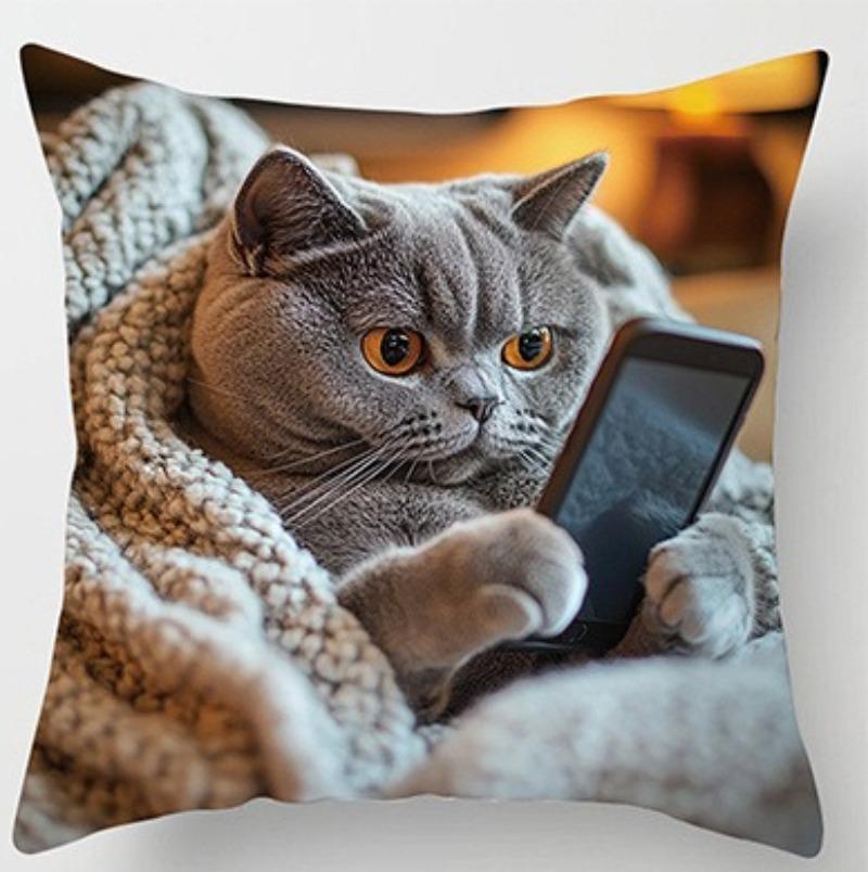 Moderne Katzen- & Smartphone-Druck Dekoratives Kissenbezug Reißverschluss Maschinenwaschbar Sofa Wohnzimmer Heimdekoration