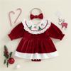 Newborn Baby Girl Christmas Outfit Santa Tree Embroidered Ruffle Trim Long Sleeve Romper with Headband Cute Infant Girl Clothes