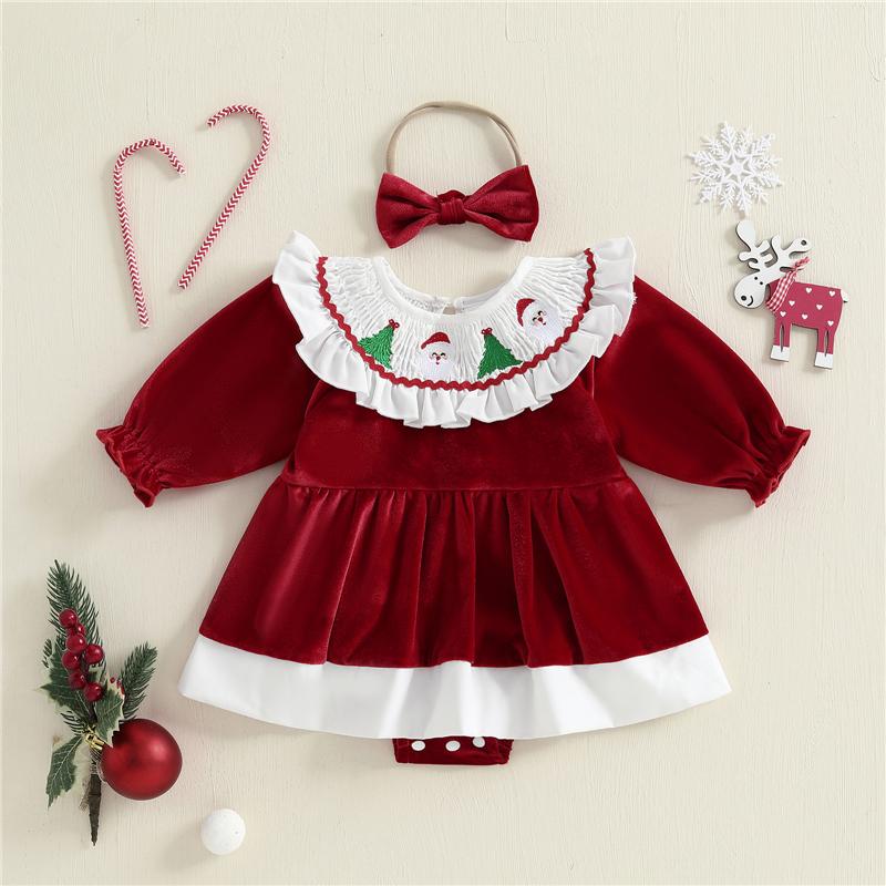

Newborn Baby Girl Christmas Outfit Santa Tree Embroidered Ruffle Trim Long Sleeve Romper with Headband Cute Infant Girl Clothes 0-3M