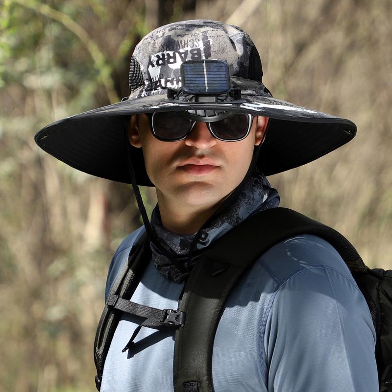 Men's Large Solar-Powered Rechargeable Fan Hat, Summer Sun Protection for Outdoor, Hiking, Mountaineering, and Fishing.