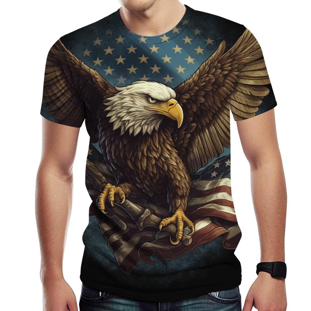 Summer Round Neck 3D American Eagle Pattern Print Top Fashionable Casual Short Sleeved Men's T-shirts