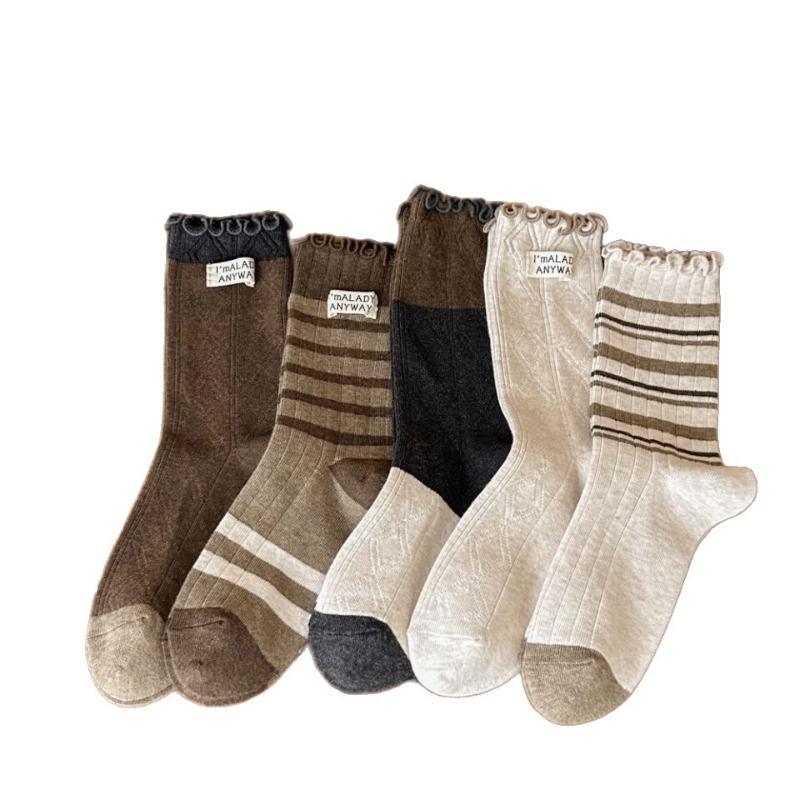 Black Fungus Lace Socks, Women's Spring and Autumn Cloth Label Long Socks, Pure Cotton Breathable and Versatile Mid-calf Socks