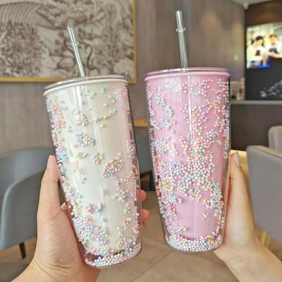 780ml Large Straw Tumbler Cute Kawaii Macaron Bubbles Cups with Straws Double Wall Plastic Water Bottle Drinkware for Girl Women