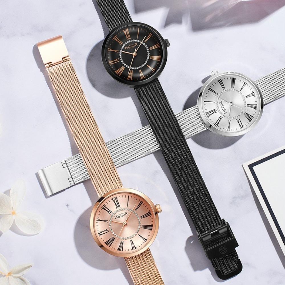 Classic Business Women Quartz Watch Round Roman Dial Rhinestone Ring Decor Mesh Strap Daily Waterproof Wrist Watch