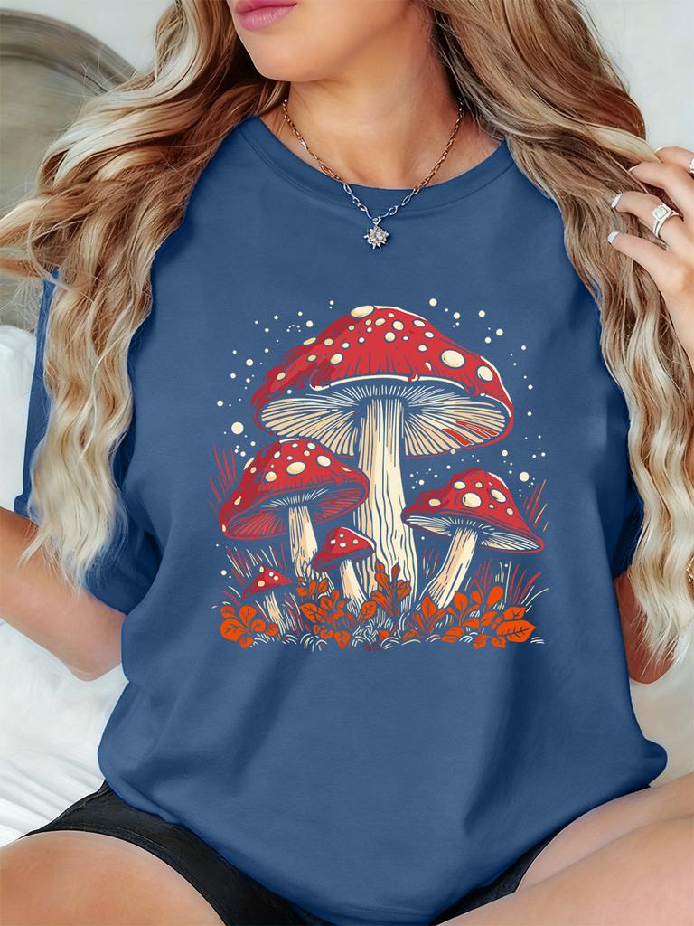 Red Mushroom Personality Prints TShirts Women Summer Short Sleeve Tops ONeck Soft T Shirt Basics Comfortable Womans Clothes