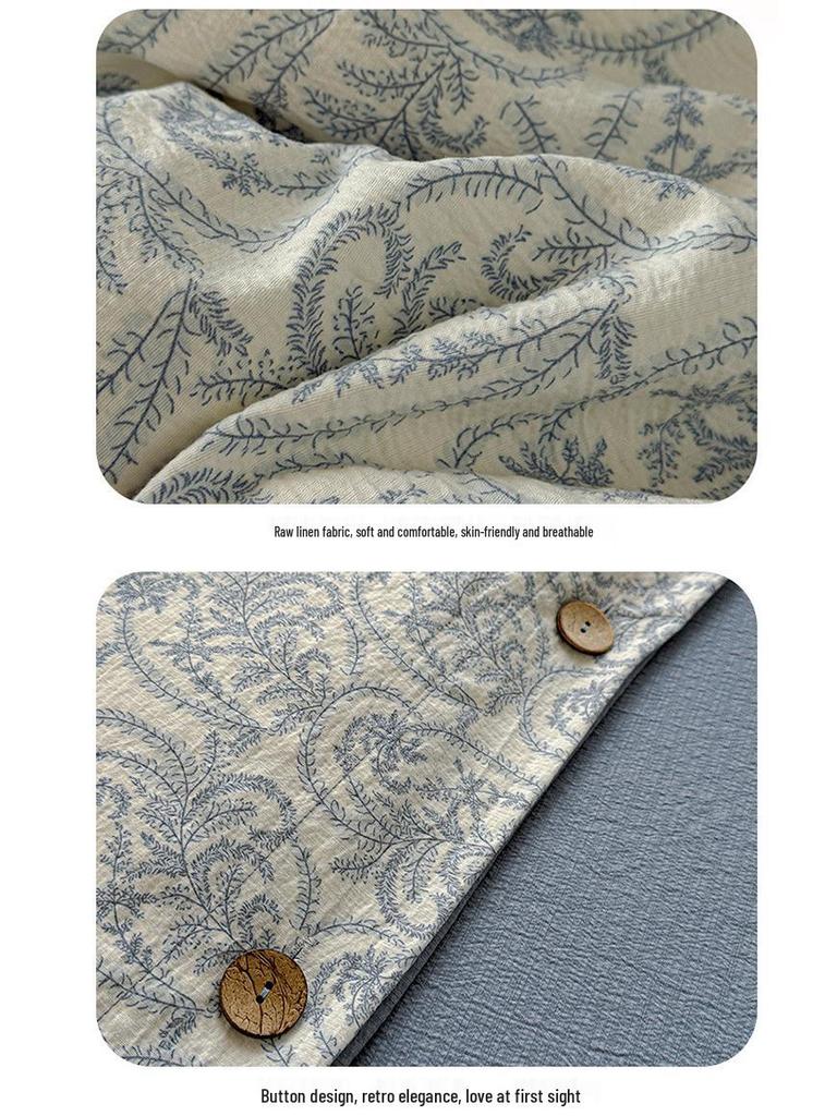 Retro Floral Linen Bedding Set: Autumn & Winter 4-Piece with Button Duvet Cover & Sheet