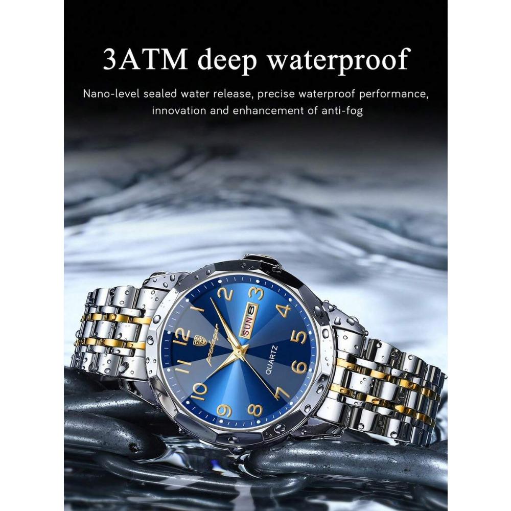 POEDAGAR 1pc Business Men's Stainless Steel Quartz Waterproof Luminous Watches, Dual Calendar Display, Men Gift