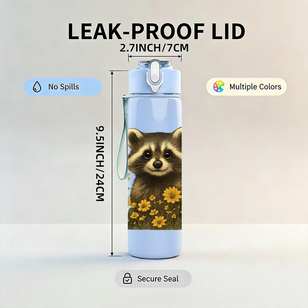 1PC Floral Sunflower Raccoon 750ml Color Plastic Sports Water Bottle Leakproof Flip Straw Lid Suitable for Sports Office Home Use