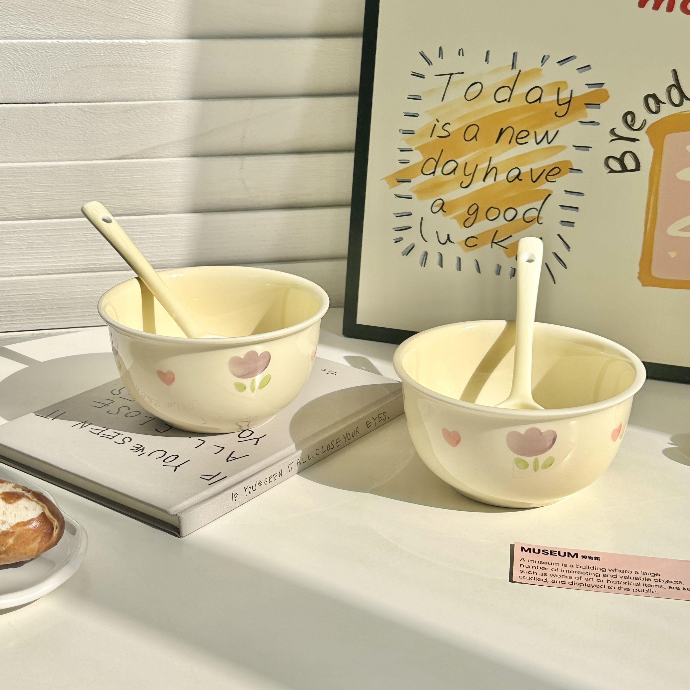 2/4Pcs Cute Cream Tulip Ceramic Bowl Kawaii Ceramic Anti-scald Soup Bowl Home Kitchen Noodle Ramen Tableware Bowl
