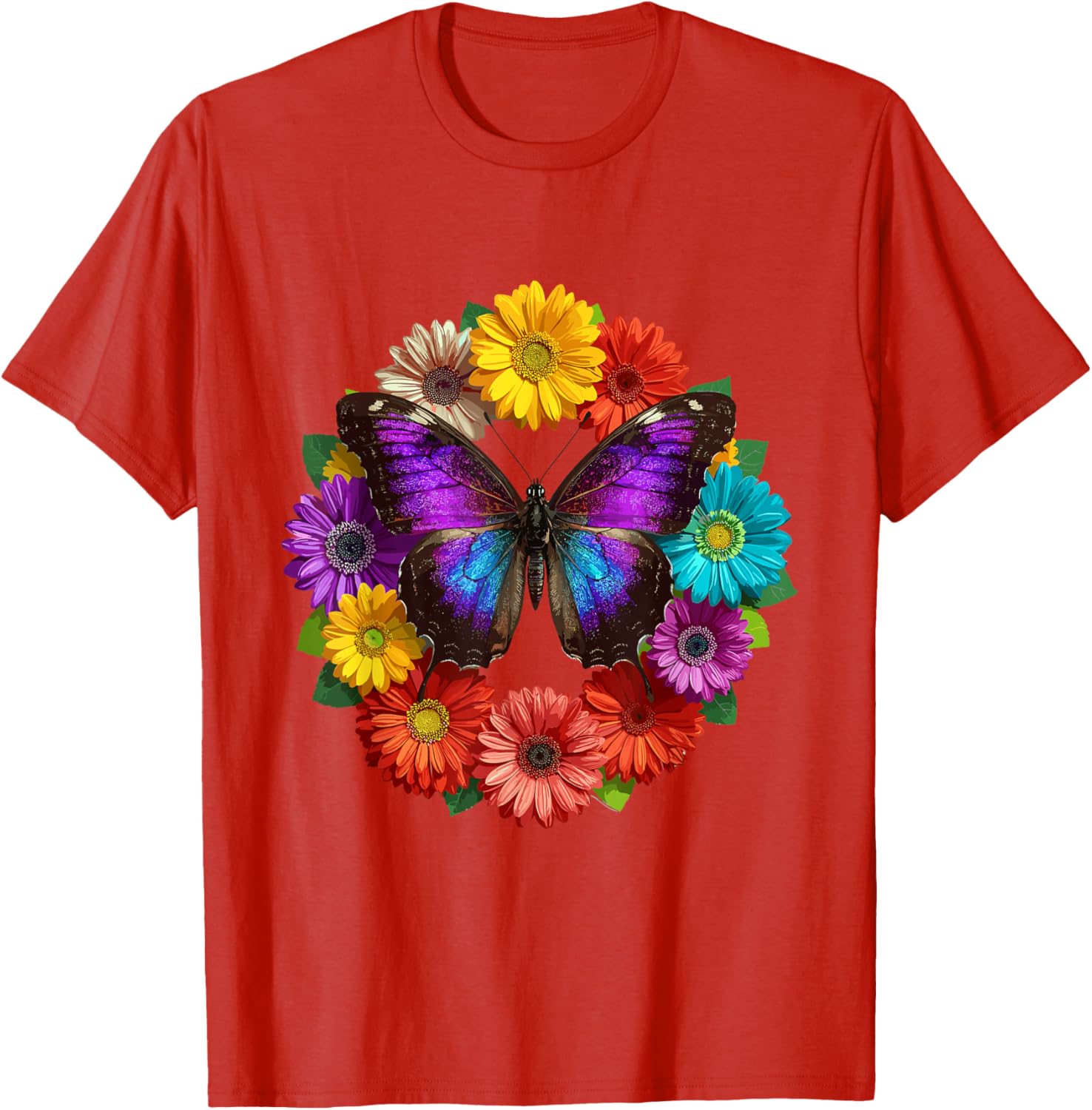 Purple Butterfly Floral Wreath Graphic Tee Casual Cotton Short Sleeve T-Shirt for Men S