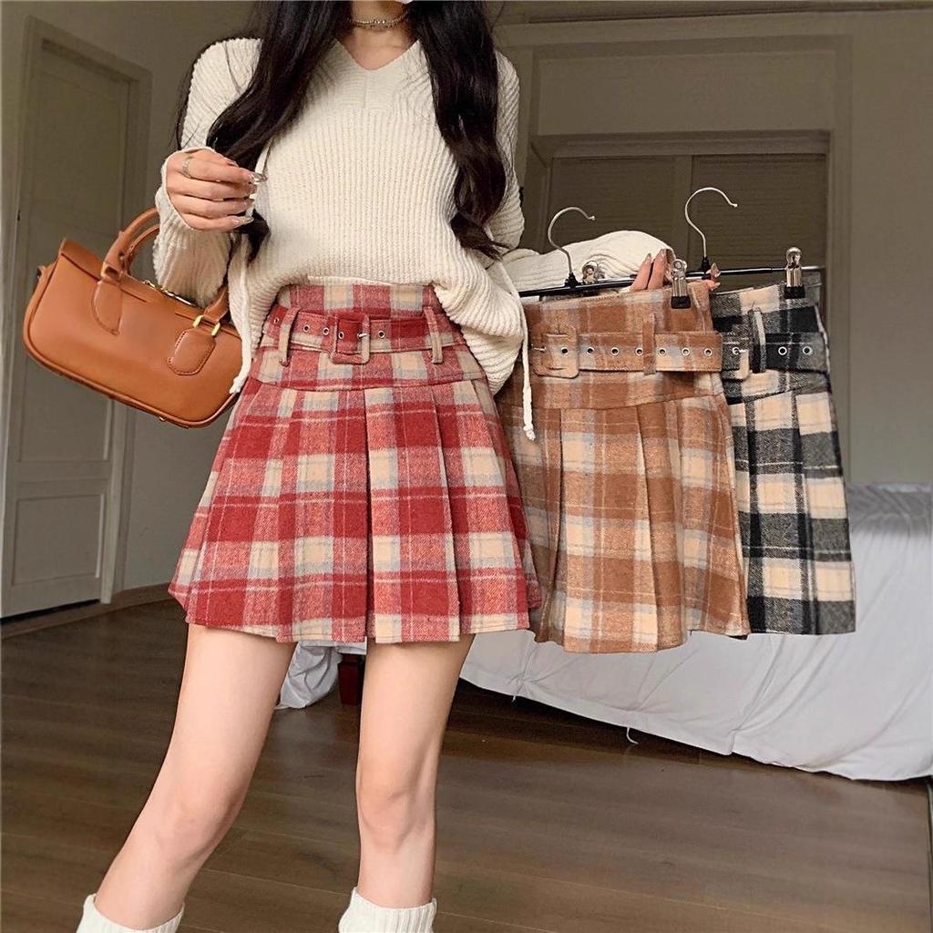 Women's High-Waisted Plaid Woolen A-Line Pleated Skirt with Belt - 2025 Autumn/Winter Collection