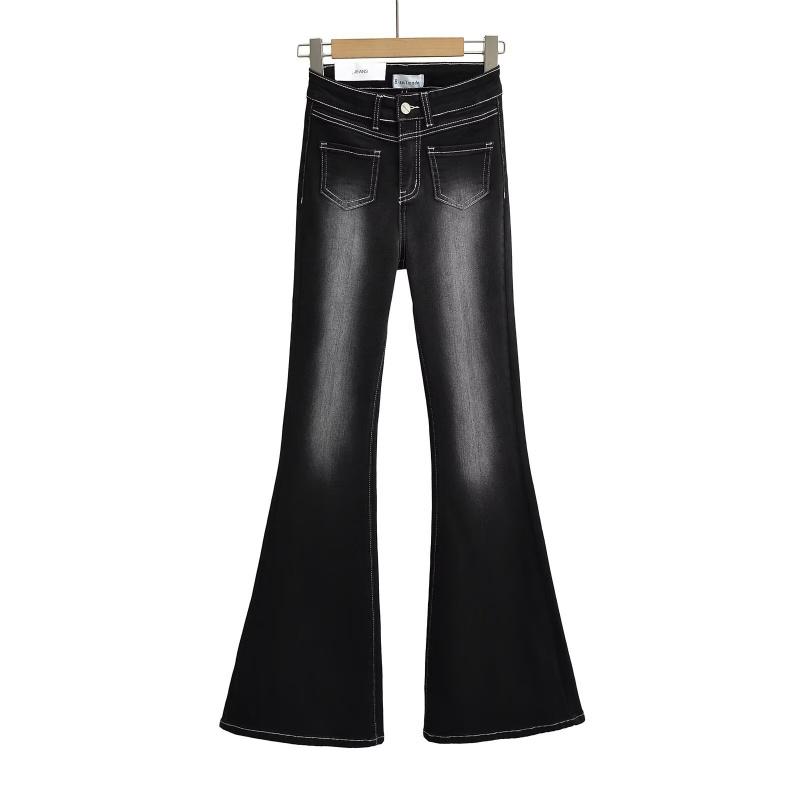 Vintage high-waisted micro-flare women's jeans with visible stitching design, front pockets, slim fit, super slimming, floor-length pants