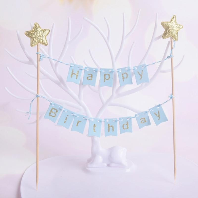10 Set Happy Birthday Cake Decorations Glittering Glittering Star Cake Toppers Bunting Flag Banners for Boys Girls Party