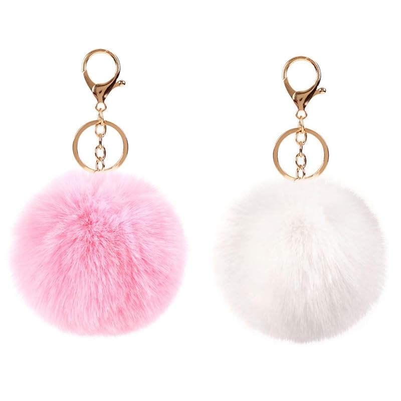 

[COZENTA] charm Fluffy pom pom key ring cute set of 2 (pink white)