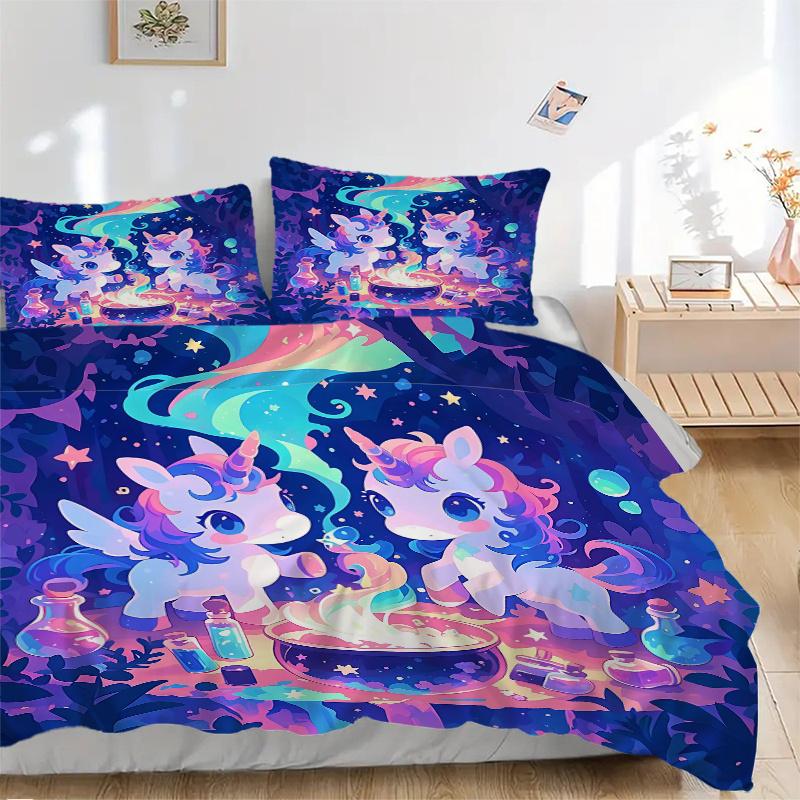 3pcs Magic Potion Two Unicorns Quilt Cover Set - Soft and Cozy Bedroom, Guest Room and Dorm Decorative Bedding 3-Piece Set 1 Quilt Cover + 2 Pill