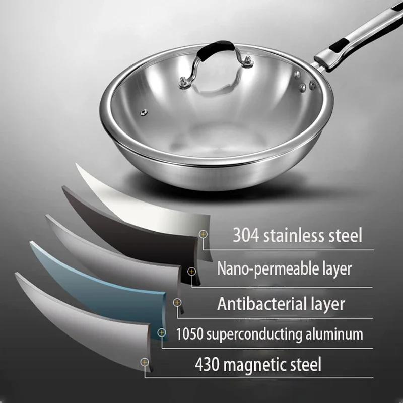 32cm Fume-free Non-stick Pan Wok 304 Stainless Steel Frying Pan with Glass Cover Household Uncoated Wok Cooker Gas Suitable