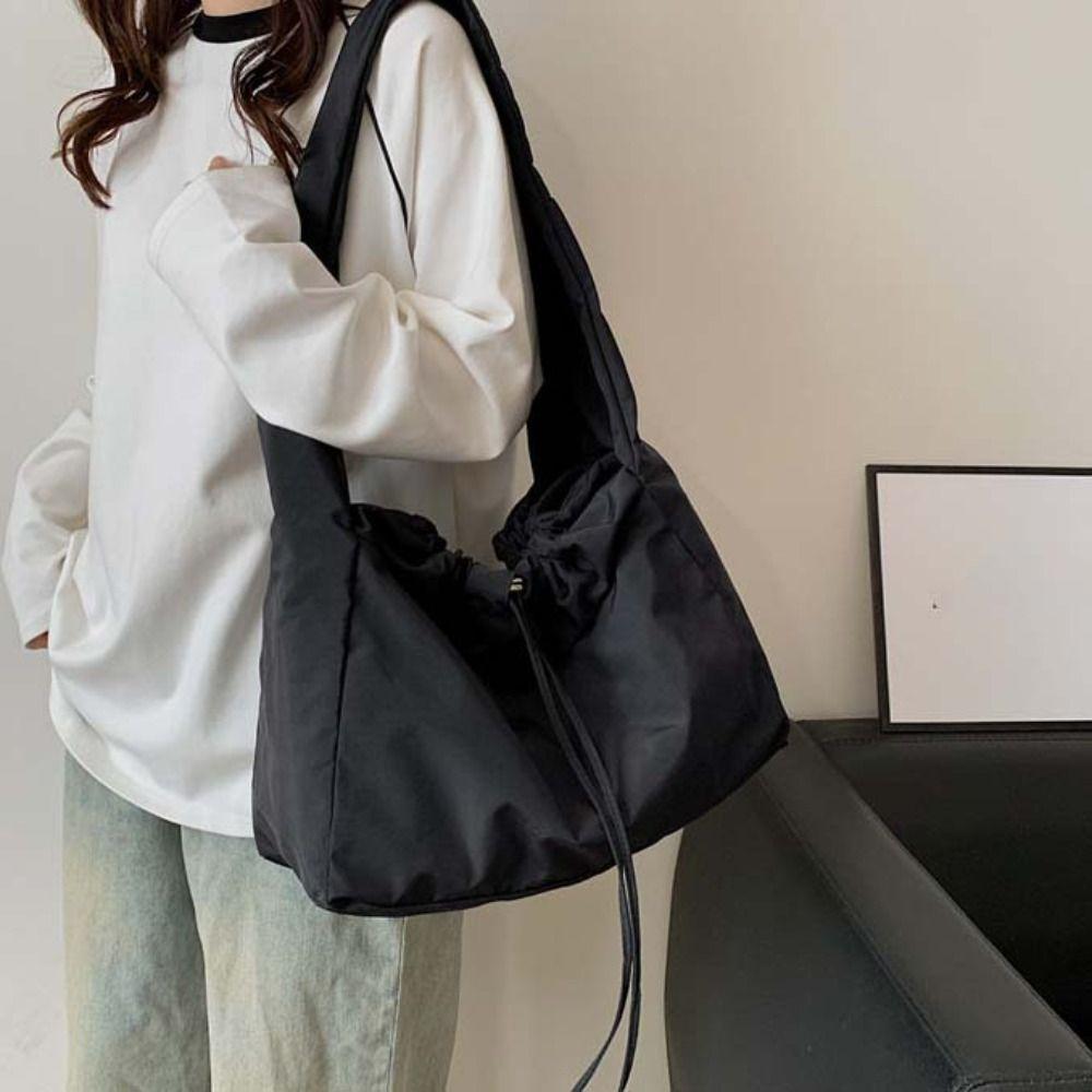 Lightweight Drawstring Crossbody Bag Solid Color Underarm Bag Armpit Bag Oxford Tote Bag  Sports