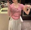 Korean Xiaofei Sleeves Yellow Sexy Front Shoulder Women's Summer Thin Ice Silk Knitted Sweater Women's Top Polo Collar Short Sleeves