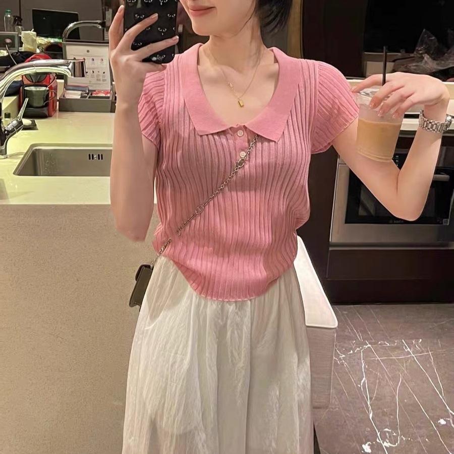 Korean Xiaofei Sleeves Yellow Sexy Front Shoulder Women's Summer Thin Ice Silk Knitted Sweater Women's Top Polo Collar Short Sleeves