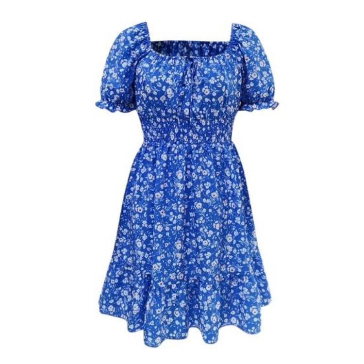 Square Neck Boho Floral Summer Dress Women Short Sleeve Smocked Swing A Line Flowy Ruffle Beach Sundress