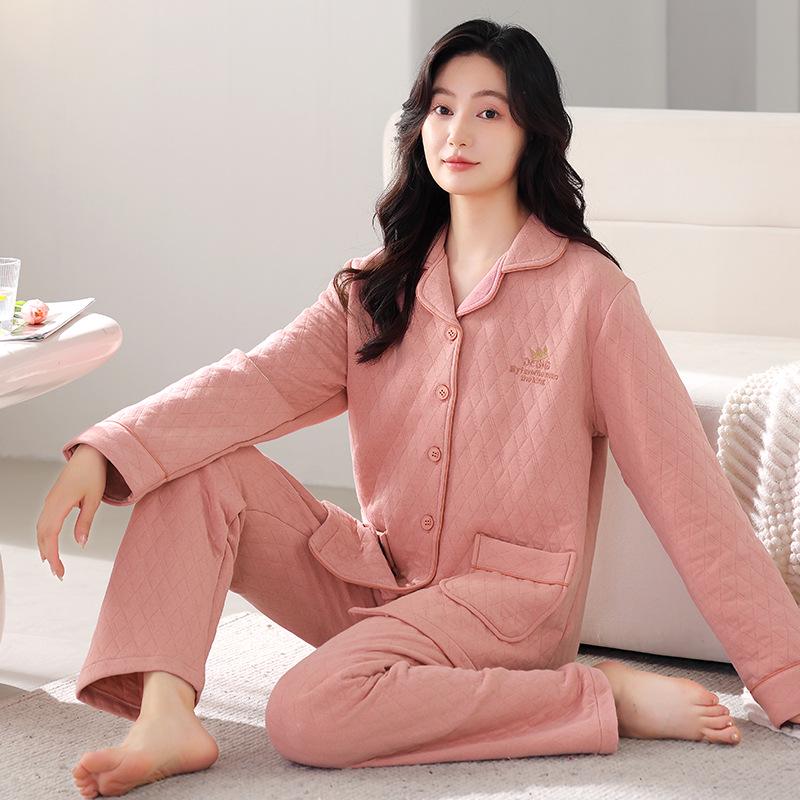 Women's Pure Cotton Thickened Cardigan Pajamas for Autumn/Winter 2025 - Warm Layered Design for Indoor/Outdoor Wear