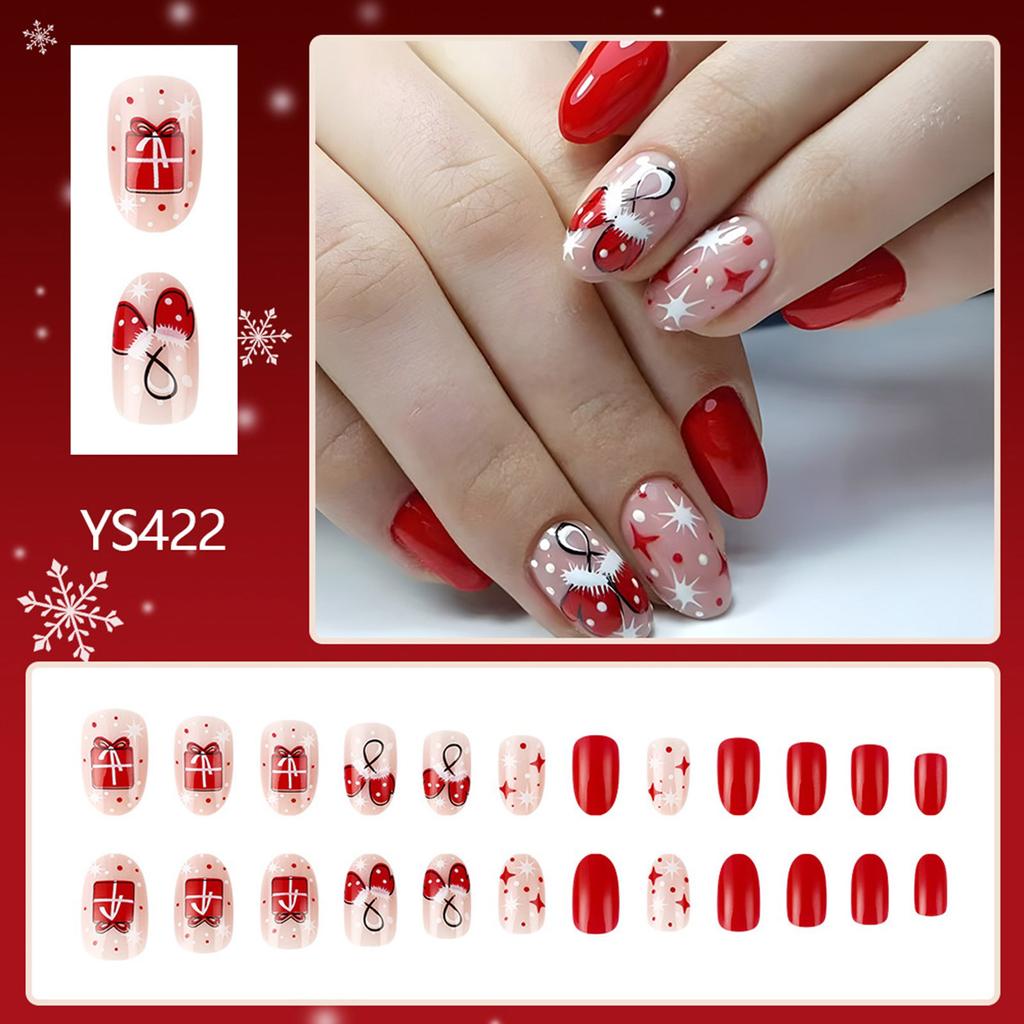 24Pcs Christmas Press On Nails Short Almond French Tips Stick On Nails Gloves Designs Full Cover Acrylic False Nails