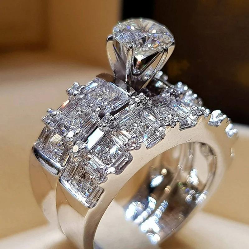 2 PCS/Set Series ! Trendy Milangirl White Crystal Round Ring Set For Women Girls Wedding Engagement Party Fashion