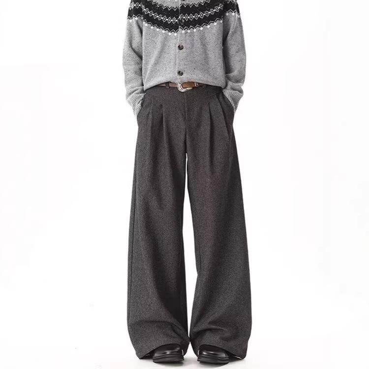 Old Money Style Retro A-word Pleated Straight Trousers Men's Spring American Cleanfit Drape Casual Wide-leg Trousers