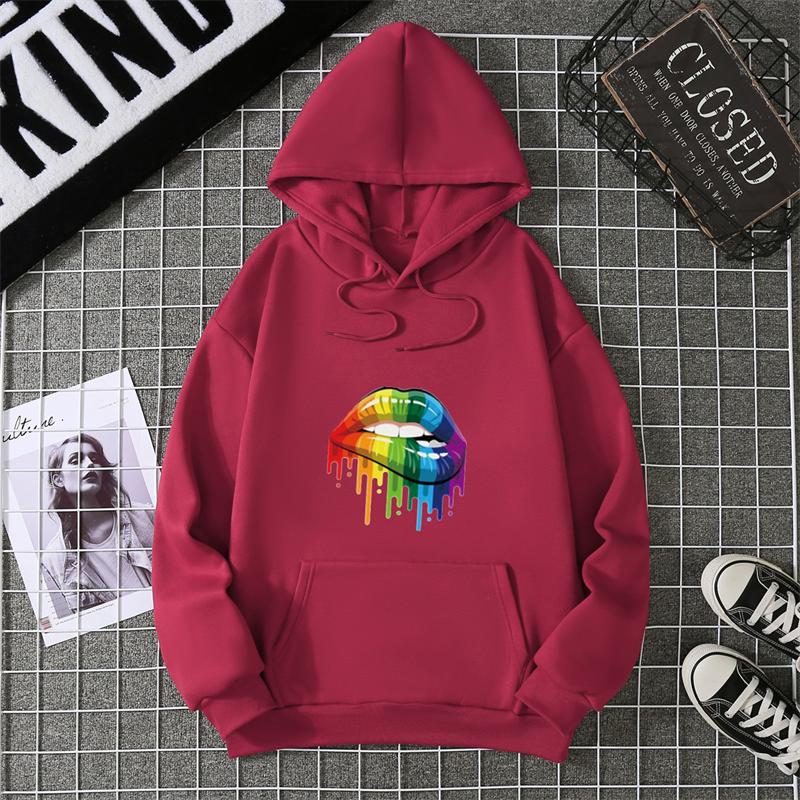 Fashion Women's Colorful Lips Print Hoodie Women's Outdoor Street Hooded Pocket Hoodie Women's Sweatshirt Women's Clothes