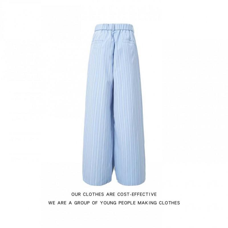 Mens Light Blue Striped Pleated Wide Leg Trousers Thin Loose Casual Pants Work Daily