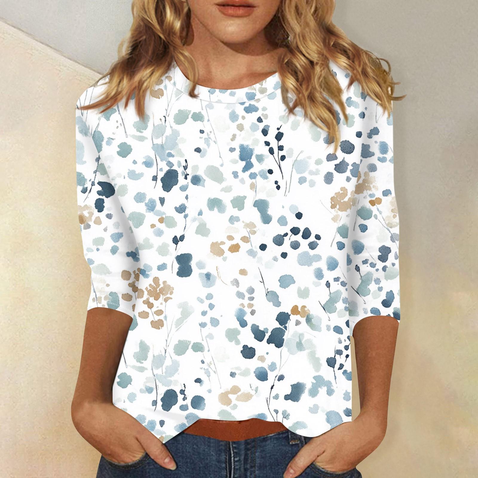 

Женская мода повседневная три четверти рукав винтажный цветочный принт круглый вырез топ L белый