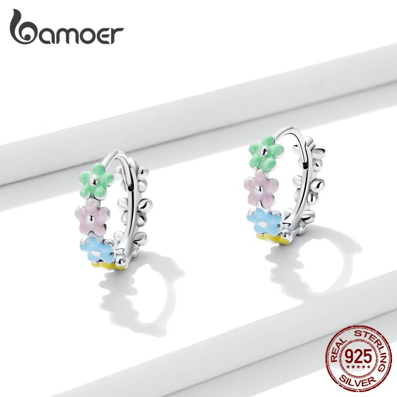 

Женские серьги-кольца BAMOER из стерлингового серебра 925 пробы с эмалью и разноцветными цветами, элегантные ювелирные украшения 925 silver