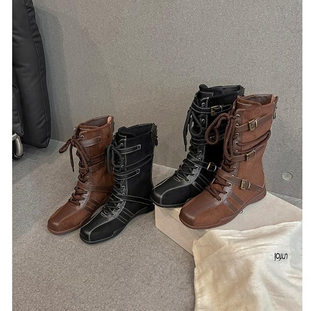 Retro round head splicing lace-up thick-soled Martin boots women's 2025 new niche belt buckle versatile German training boxing boots