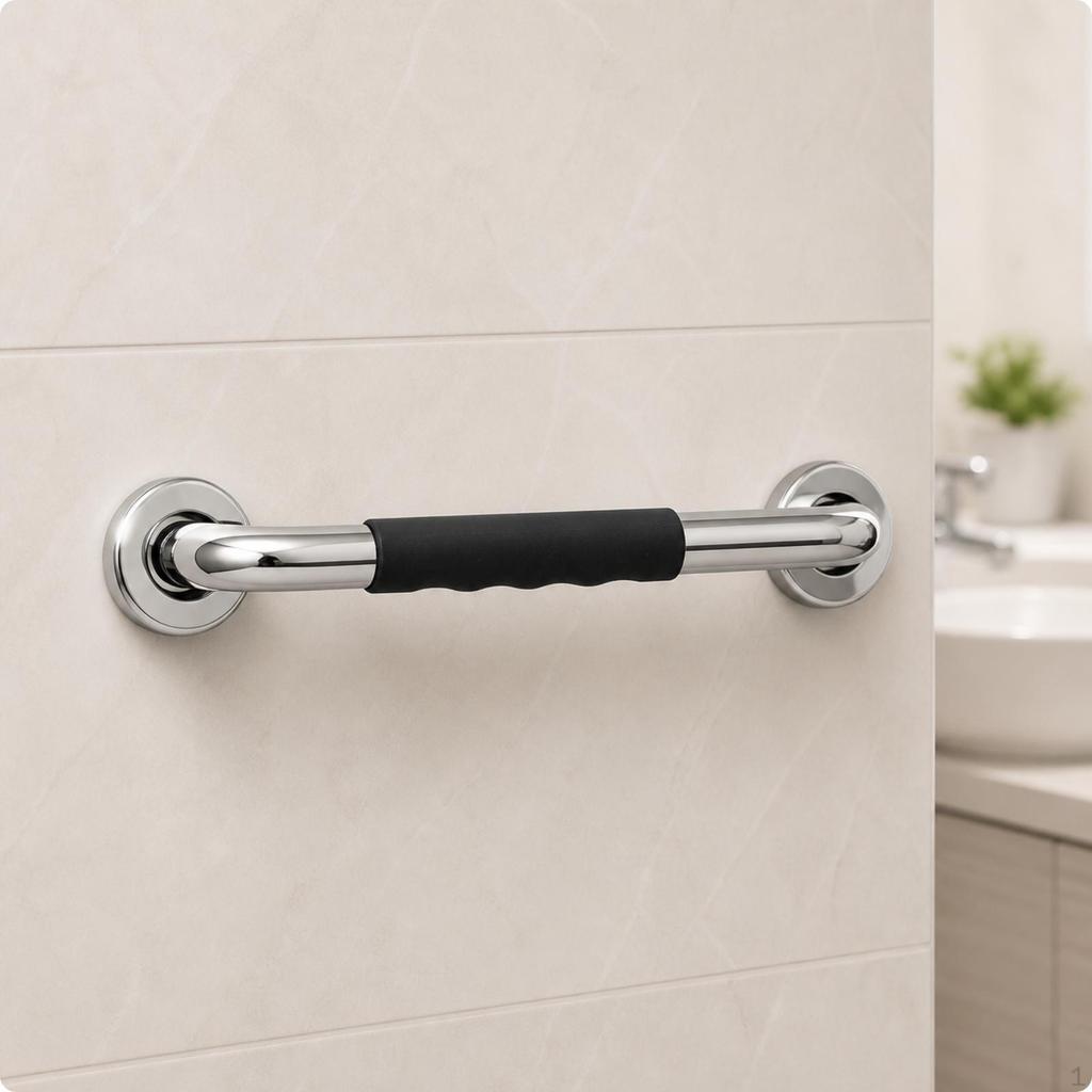 NonSlip Grab Bar with Silicone Grip | Ergonomic Finger Grooves, Polished Stainless Steel, Washroom