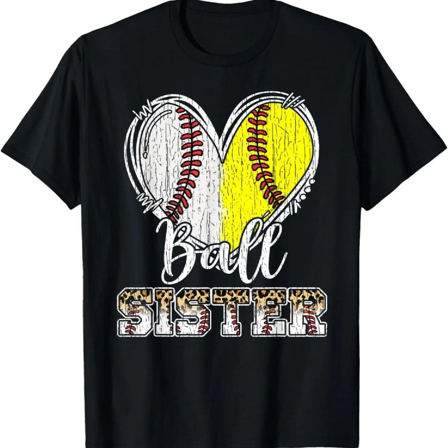 Ball Sister Heart Baseball Softball Sister T-Shirt S
