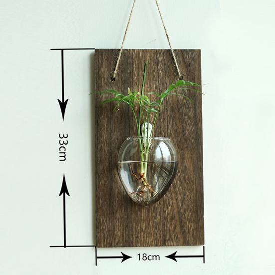 Yousheng Glass Wall Planter Hanging Vase with Wooden Board Oblate Flower Vase for Hydroponics Plants Flowers Home Office Decor