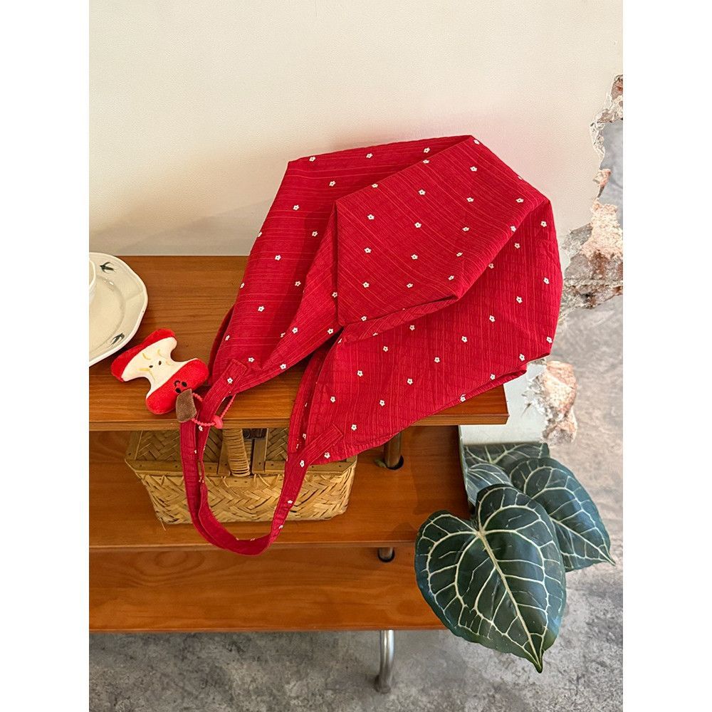 Korean floral polka dot red envelope canvas bag 2025 new large-capacity portable tote bag lazy wind shoulder bag
