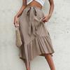 Women's Solid Color Half Skirt Asymmetrical A-line Pleated Long Skirt With Ruffled Edge And Lace-up High Waist Skirt
