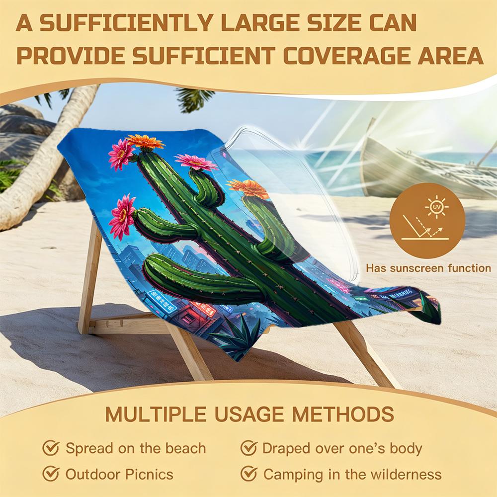 1pc Microfiber Beach Towel Cactus Flowers Neon City Beach Seaside Pool Equipment Suitable for Vacation Travel Pool Bath Swimming