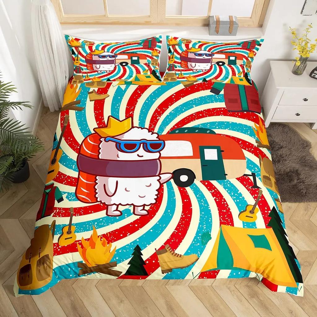 Sushi Comforter Cover,Kawaii Rice Printed Duvet Cover,Cartoon Sushi Food Bedding,Salmon Caviar Sushi Japanese Style Quilt Cover