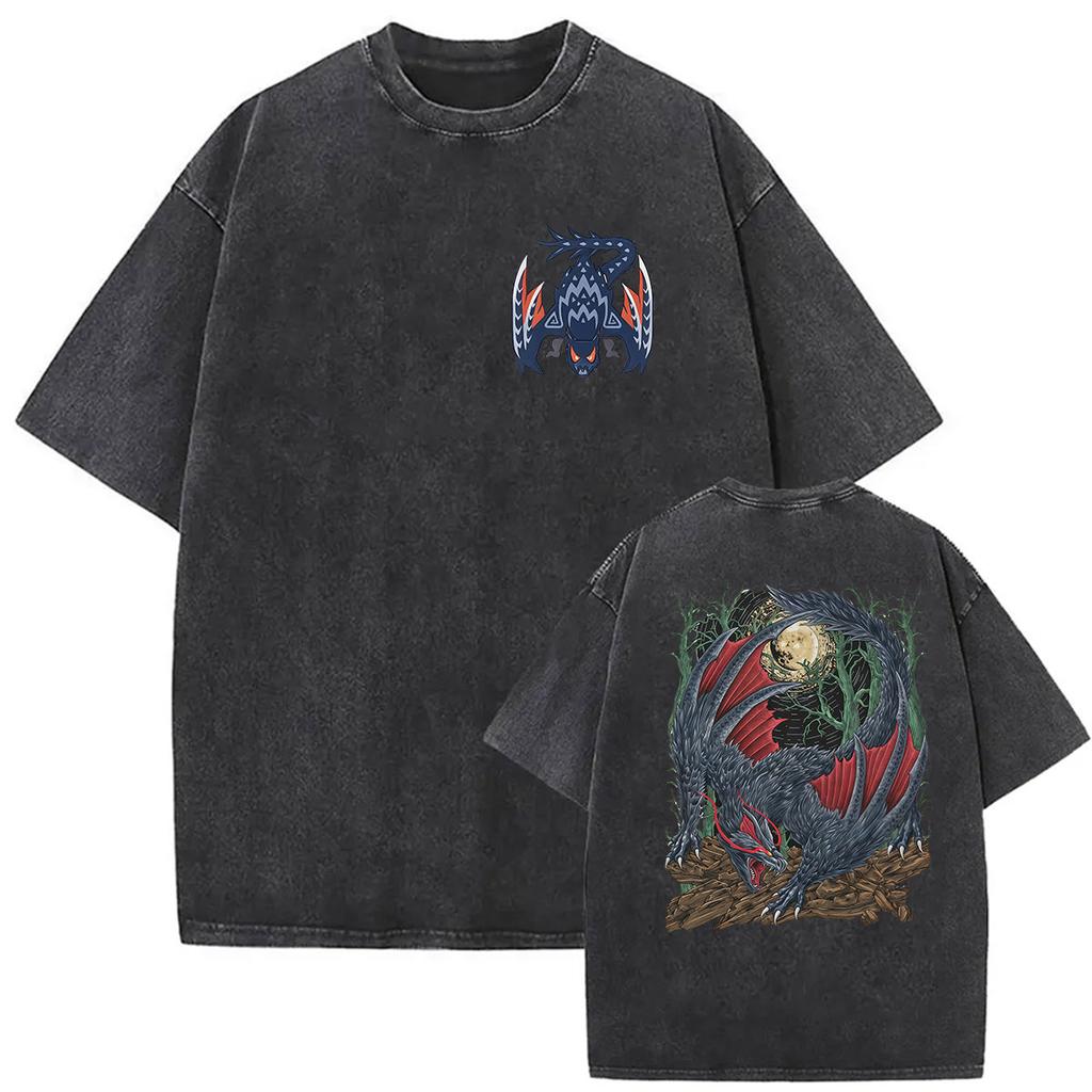 Gewaschenes Vintage Monster Hunter Nargacuga Spiel 2026 T-Shirts Herren Gothic Kleidung Mode T-Shirt Lässige Baumwolle Kurzarm T-Shirts