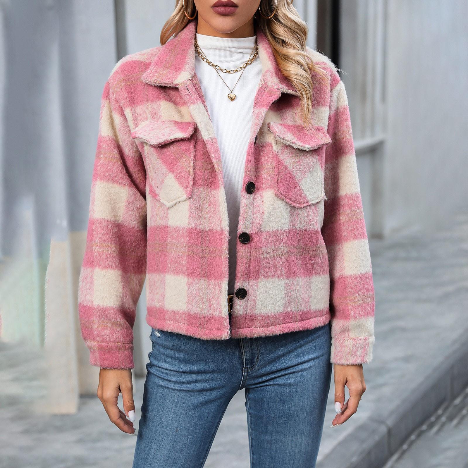 

Женские повседневные куртки на пуговицах в клетку с длинными рукавами и верхняя одежда Короткие пальто XL розовый