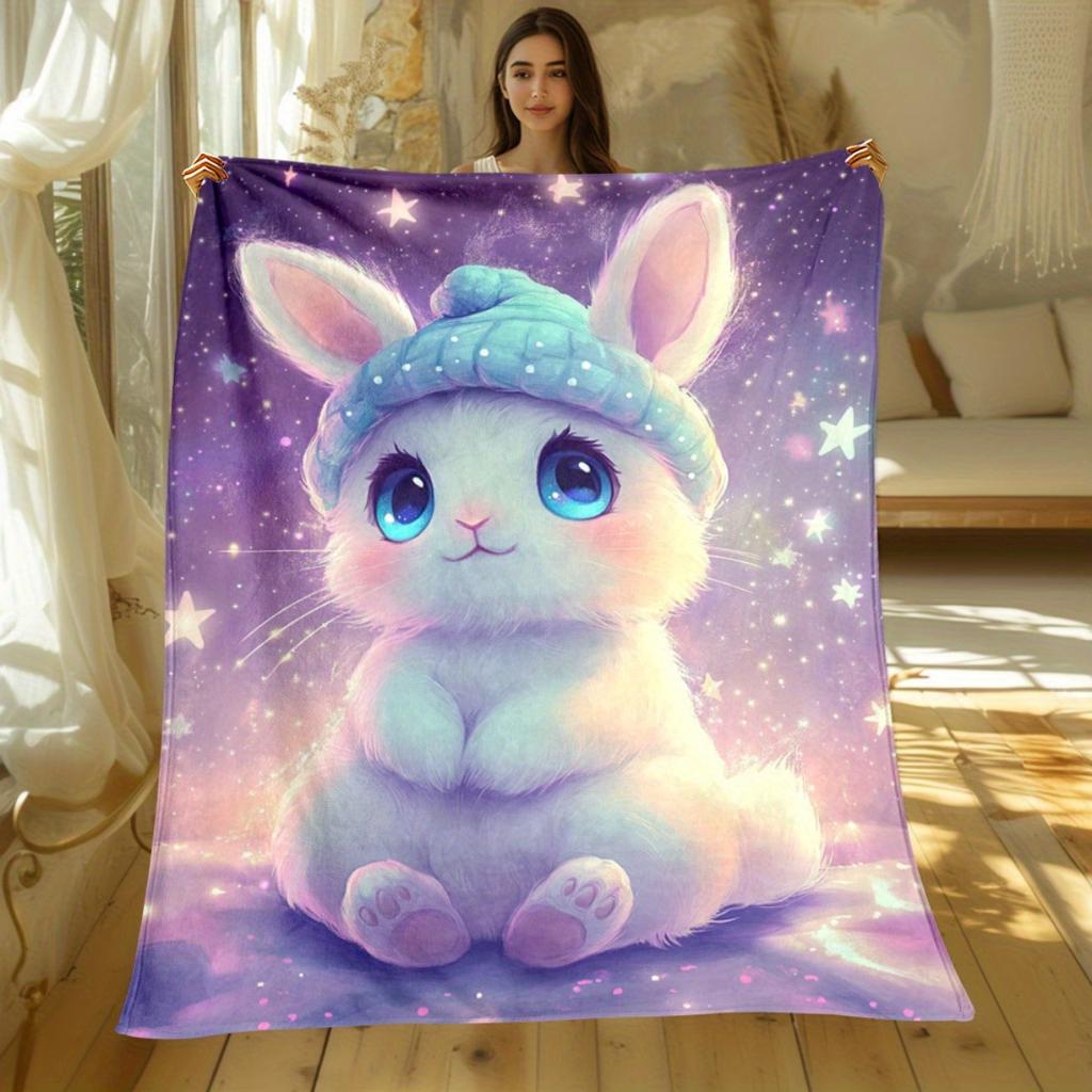 Starry Sky Bunny with Hat Blanket Soft Flannel Throw Home Decor Art Print Cute Animal Bedding Gift for Kids and Girls