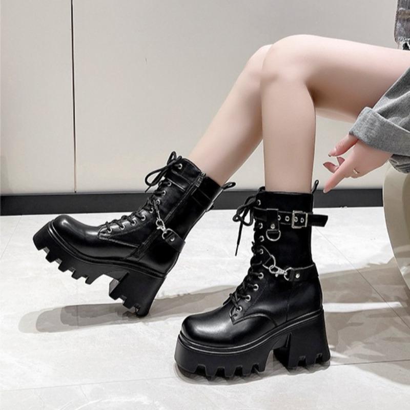 Fashion Large Size 35-42 Women's New Soft Bottom Motorcycle Boots Women Platform Knight Short Boots Lace-up Fad Ankle Boots Botas Mujer