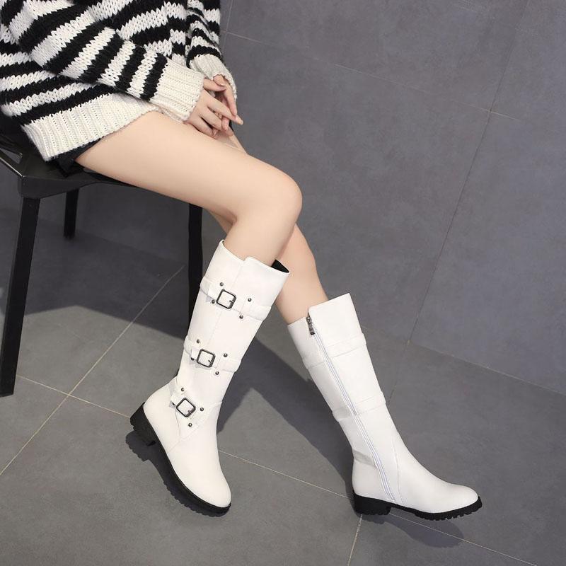 Classic Buckle Strap Knee High Boots for Women Autumn Winter Casual Low Heels High Riding Boot Round Toe Lady Shoes WSH5388